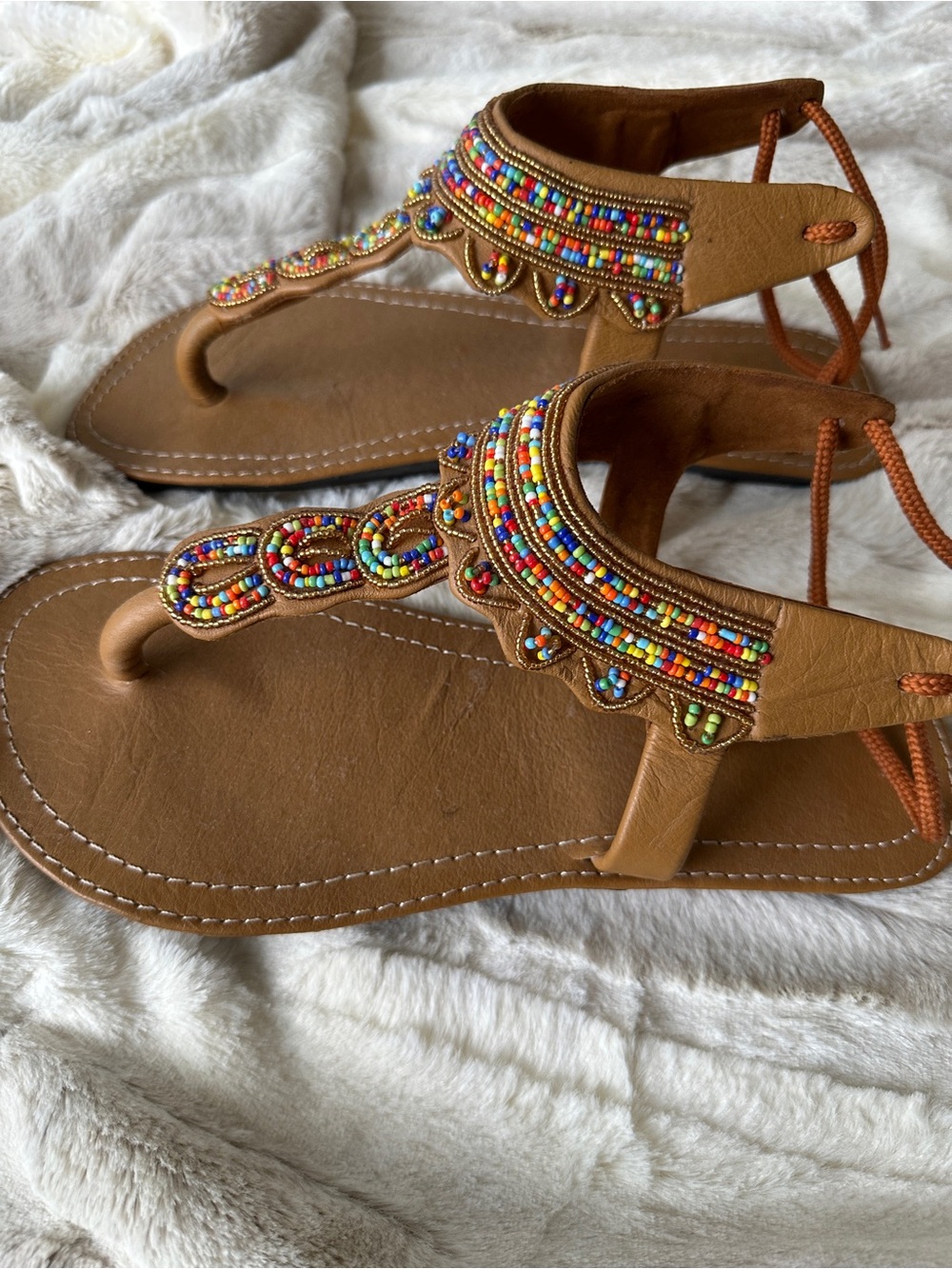 Beaded Brown T-Strap Sandals - Women - Picture 8 of 10